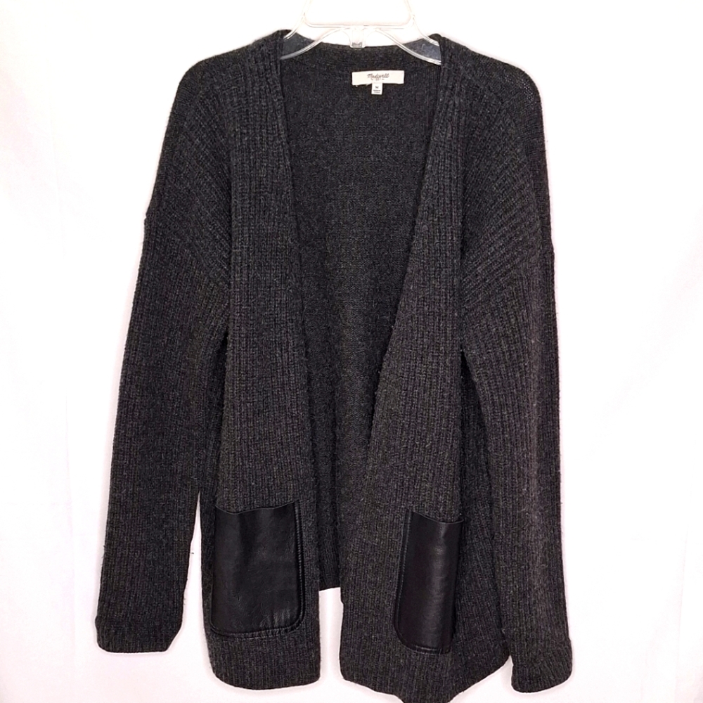 Madewell 100% Merino Wool Leather patch pockets Cardigan Size Medium